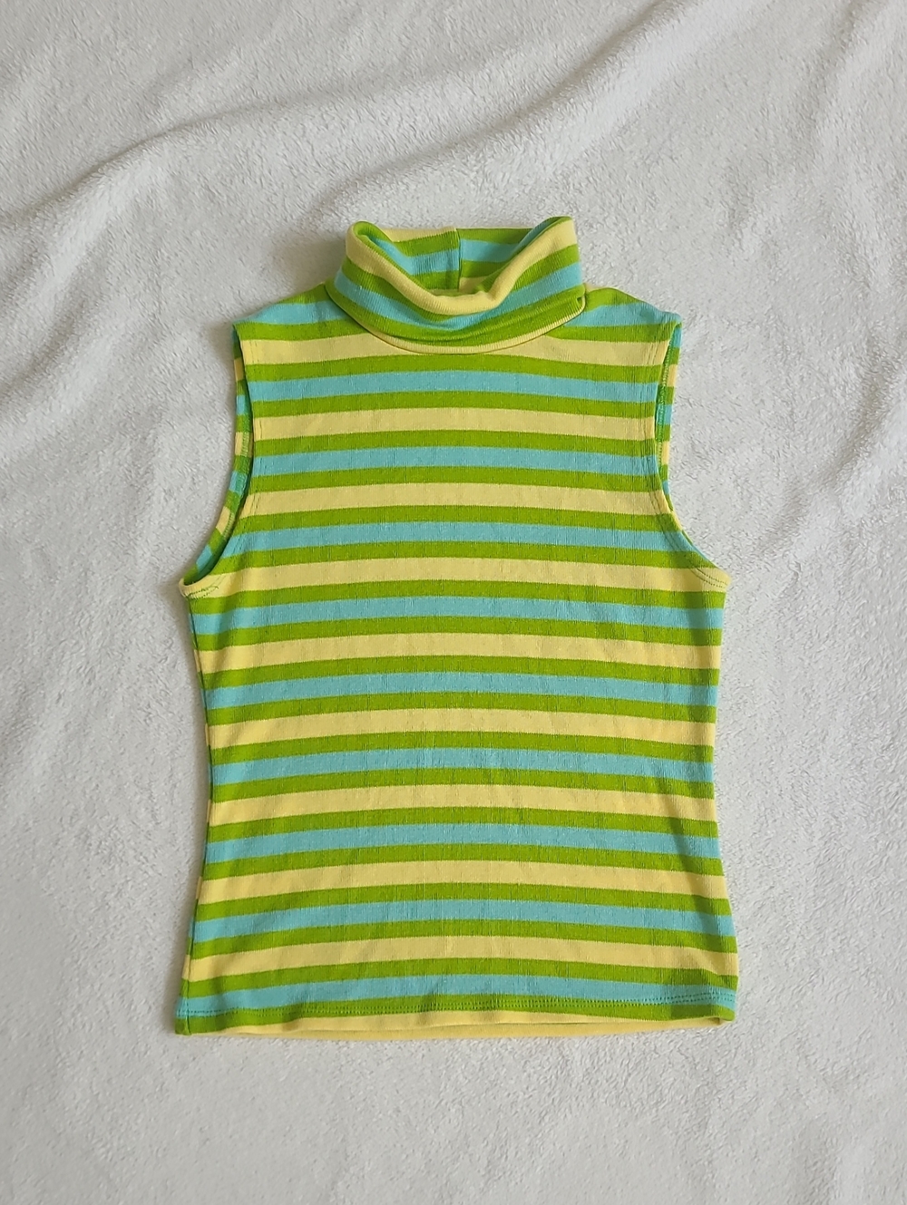 Vintage Sleeveless Turtleneck Stripe Top Yellow Green Blue Small Stretchy Spring
